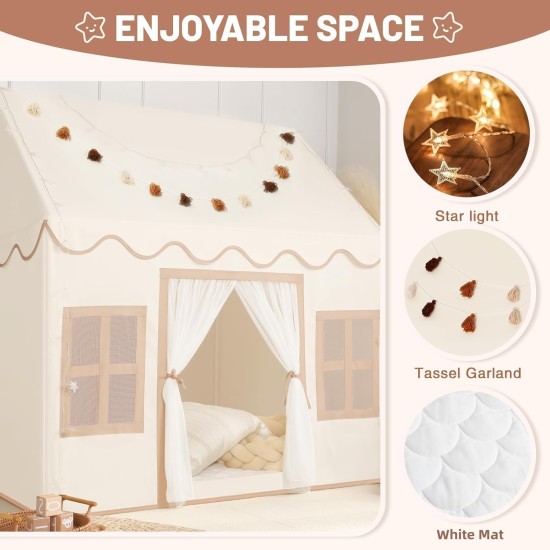 Tente de jeu d'intérieur pour enfants : avec tapis, guirlande de pompons, étoiles lumineuses – Tente de jeu d'intérieur pour fille, jouets pour enfants, cadeau d'anniversaire pour garçon et fille