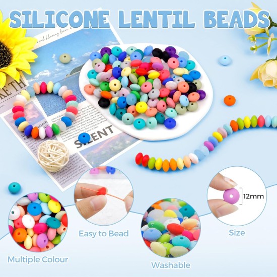 FIVEIZERO Lot de 180 perles de lentilles en silicone, 12 mm, 30 couleurs, perles de boulier en silicone, perles d'espacement en vrac, perles colorées pour la fabrication de colliers, porte-clés, accessoires