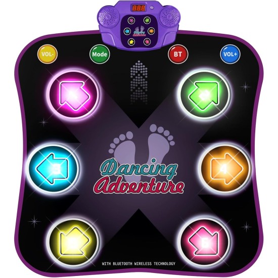Flooyes Tapis de danse jouets pour enfants de 3 à 12 ans, tapis de danse électronique avec Bluetooth sans fil lumineux à 6 boutons, danse musicale avec 5 modes de jeu, jouets d'anniversaire cadeaux pour filles de 3 4 5 6 7 8 9 10 ans et plus