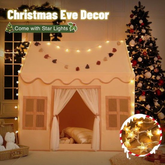 Tente de jeu d'intérieur pour enfants : avec tapis, guirlande de pompons, étoiles lumineuses – Tente de jeu d'intérieur pour fille, jouets pour enfants, cadeau d'anniversaire pour garçon et fille