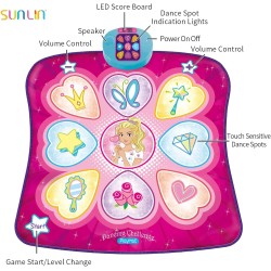 SUNLIN Tapis de danse – Tapis de jeu rythmique – Tapis de jeu de danse avec lumières LED, cadeau pour enfants filles de 3 à 12 ans, volume réglable, musique intégrée, 3 niveaux de défi