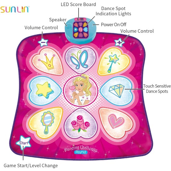 SUNLIN Tapis de danse – Tapis de jeu rythmique – Tapis de jeu de danse avec lumières LED, cadeau pour enfants filles de 3 à 12 ans, volume réglable, musique intégrée, 3 niveaux de défi