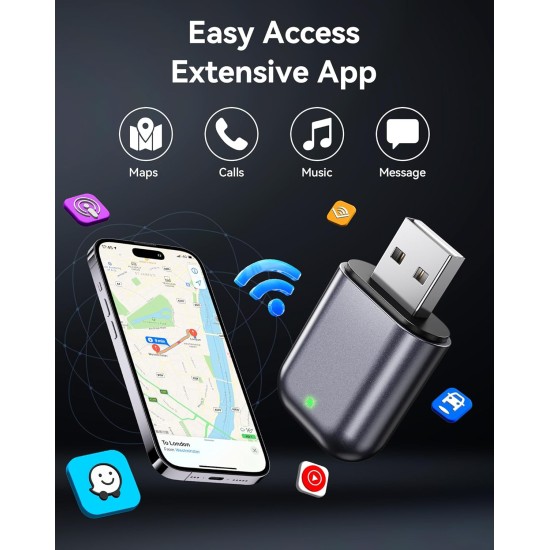 Burnt Sugar Adaptateur Carplay sans fil pour iPhone 2026 mis à niveau, design ultra mini USB pour Apple Car Play, conversion filaire en sans fil, GPS Plug & Play stable à faible décalage pour iOS 10+ et voitures à partir de 2016 (gris)