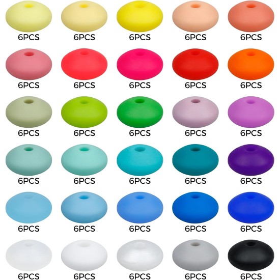 FIVEIZERO Lot de 180 perles de lentilles en silicone, 12 mm, 30 couleurs, perles de boulier en silicone, perles d'espacement en vrac, perles colorées pour la fabrication de colliers, porte-clés, accessoires