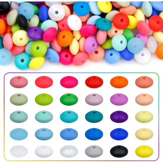 FIVEIZERO Lot de 180 perles de lentilles en silicone, 12 mm, 30 couleurs, perles de boulier en silicone, perles d'espacement en vrac, perles colorées pour la fabrication de colliers, porte-clés, accessoires