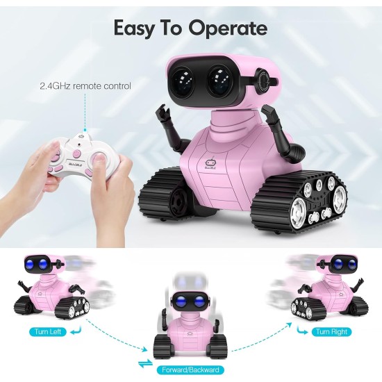 ALLCELE Jouet robot pour filles, robot RC rechargeable pour enfants, jouet télécommandé avec musique et yeux LED, cadeau pour enfants à partir de 3 ans – Rose