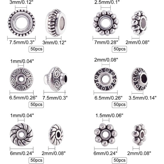PH PandaHall 300 pièces 6 styles de perles d'espacement en argent antique, tubes d'espacement en alliage métallique tibétain, rondelles plates en forme de fleur, petites perles en vrac pour bracelets, colliers, boucles d'oreilles, fournitures de fabricati PH PandaHall 300 pièces 6 styles de perles d'espacement en argent antique, tubes d'espacement en alliage métallique tibétain, rondelles plates en forme de fleur, petites perles en vrac pour bracelets, colliers, boucles d'oreilles, fournitures de fabricati