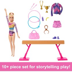 Poupée Barbie de gymnastique et accessoires, coffret de jeu avec poupée mannequin blonde, clip en C pour action de retournement, poutre d'équilibre, combinaison d'échauffement et plus encore