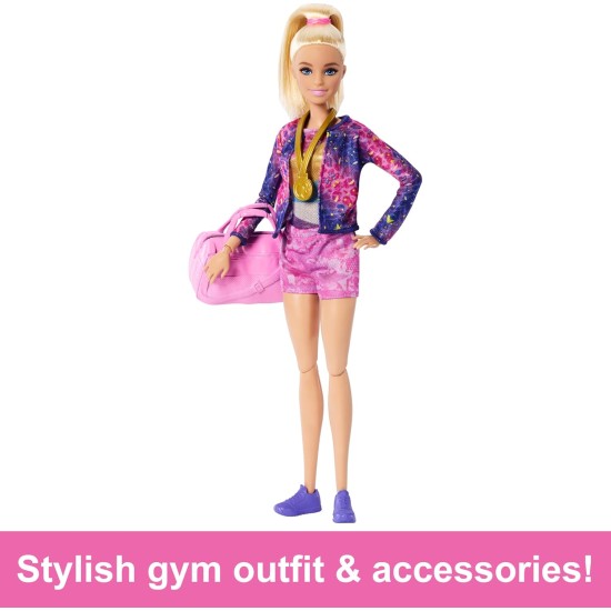Poupée Barbie de gymnastique et accessoires, coffret de jeu avec poupée mannequin blonde, clip en C pour action de retournement, poutre d'équilibre, combinaison d'échauffement et plus encore Poupée Barbie de gymnastique et accessoires, coffret de jeu avec poupée mannequin blonde, clip en C pour action de retournement, poutre d'équilibre, combinaison d'échauffement et plus encore