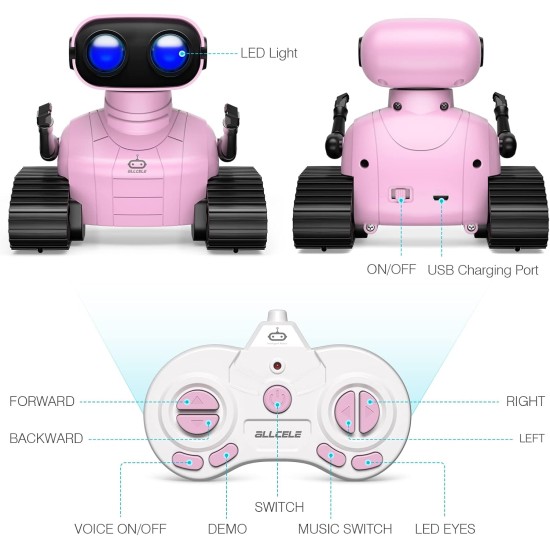ALLCELE Jouet robot pour filles, robot RC rechargeable pour enfants, jouet télécommandé avec musique et yeux LED, cadeau pour enfants à partir de 3 ans – Rose