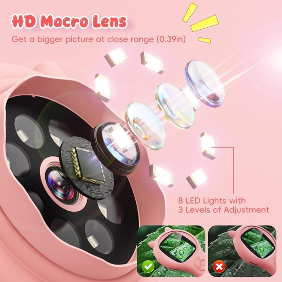 Mini microscope numérique portable pour enfants – Jouets éducatifs scientifiques, cadeaux de Noël et d'anniversaire pour filles et garçons âgés de 5, 6, 7, 8, 9, 10, 11, 12 ans (rose)