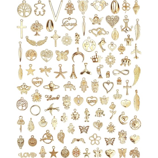 100 pièces en gros en vrac pour la fabrication de bijoux, breloques mixtes en alliage d'or KC, pendentifs pour colliers, bracelets, fournitures de fabrication de bijoux et d'artisanat