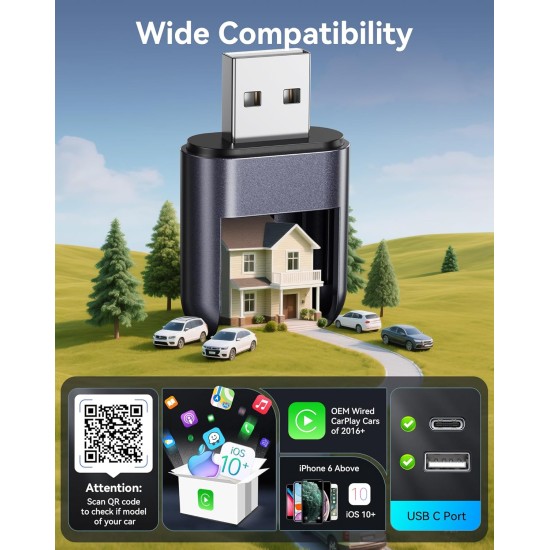 Burnt Sugar Adaptateur Carplay sans fil pour iPhone 2026 mis à niveau, design ultra mini USB pour Apple Car Play, conversion filaire en sans fil, GPS Plug & Play stable à faible décalage pour iOS 10+ et voitures à partir de 2016 (gris)