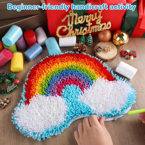 Kit de mini tapis avec crochet arc-en-ciel à faire soi-même, pour la Saint-Valentin, pour enfants, adultes, débutants, fabrication de votre propre tapis au crochet, toile imprimée, tapis, couture croisée, cadeau de Noël pour la décoration de la maison