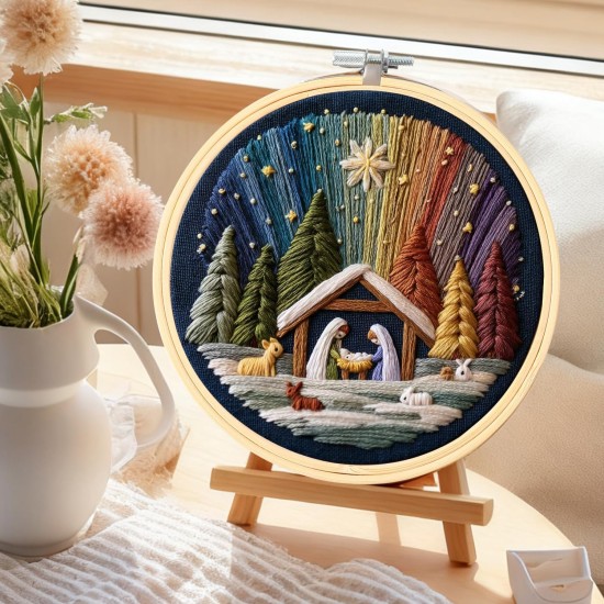 Ensemble de broderie de la Nativité DIY – Stitch The Holy Story, kit de broderie de Noël avec tissu, fils et aiguilles, kit de broderie chrétienne pour adultes débutants, décoration d'intérieur et cadeaux (1 pièce)