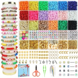 Redtwo 5100 Kit de fabrication de bracelets en perles d'argile, perles plates Preppy pour la fabrication de bijoux d'amitié, perles Heishi en polymère avec breloques, cadeaux pour adolescentes, loisirs créatifs pour filles âgées de 8 à 12 ans