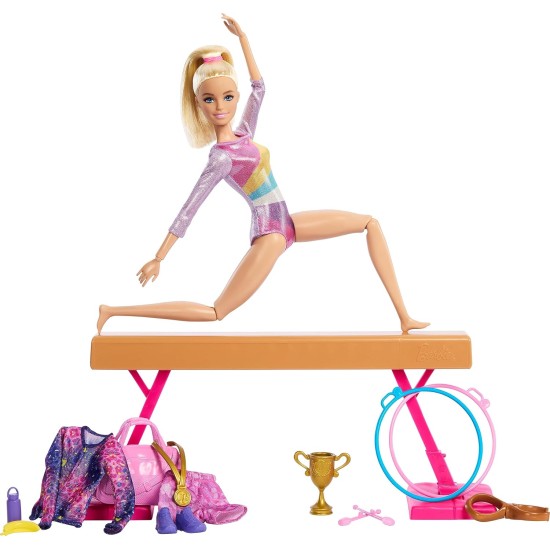Poupée Barbie de gymnastique et accessoires, coffret de jeu avec poupée mannequin blonde, clip en C pour action de retournement, poutre d'équilibre, combinaison d'échauffement et plus encore Poupée Barbie de gymnastique et accessoires, coffret de jeu avec poupée mannequin blonde, clip en C pour action de retournement, poutre d'équilibre, combinaison d'échauffement et plus encore