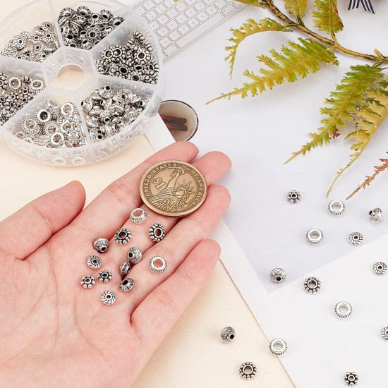 PH PandaHall 300 pièces 6 styles de perles d'espacement en argent antique, tubes d'espacement en alliage métallique tibétain, rondelles plates en forme de fleur, petites perles en vrac pour bracelets, colliers, boucles d'oreilles, fournitures de fabricati PH PandaHall 300 pièces 6 styles de perles d'espacement en argent antique, tubes d'espacement en alliage métallique tibétain, rondelles plates en forme de fleur, petites perles en vrac pour bracelets, colliers, boucles d'oreilles, fournitures de fabricati