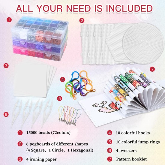 QUEFE Kit de perles à repasser 15 000 pièces 72 couleurs Kit de perles de 5 mm comprenant un panneau perforé, des perles fondantes, du papier à repasser, des pinces et des crochets colorés, fournitures d'art et d'artisanat de Noël à la maison pour les fil