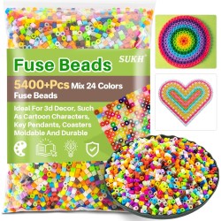 Sukh 5400+Pcs Perles à Fusibles - Kit de Perles à Fusibles Kit de Perles à Fondre Perles à Fusibles Perles de Fer en Vrac pour l'Artisanat d'Enfants, Idéal pour les Garçons et les Filles Cadeaux d'Anniversaire de Noël Mélange 24 Couleurs 5mm