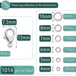 Mr. Pen - Anneaux de saut ouverts, argent, 1014 pièces, 6 tailles d'anneaux de saut ouverts pour la fabrication de bijoux, anneaux de saut en argent et fermoirs mousquetons