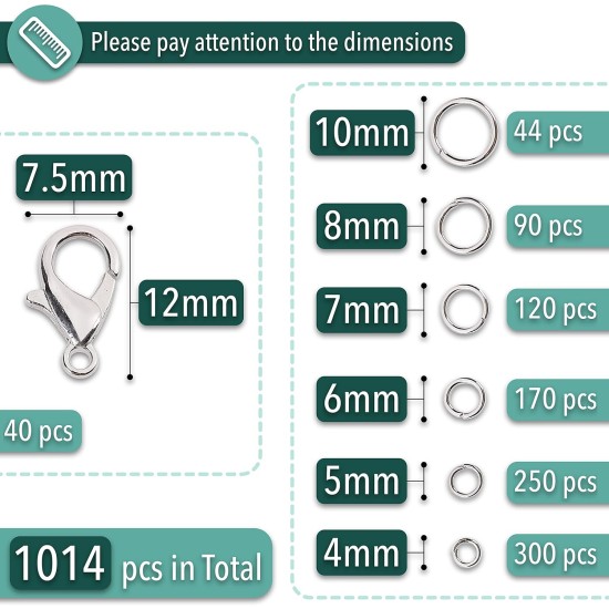 Mr. Pen - Anneaux de saut ouverts, argent, 1014 pièces, 6 tailles d'anneaux de saut ouverts pour la fabrication de bijoux, anneaux de saut en argent et fermoirs mousquetons