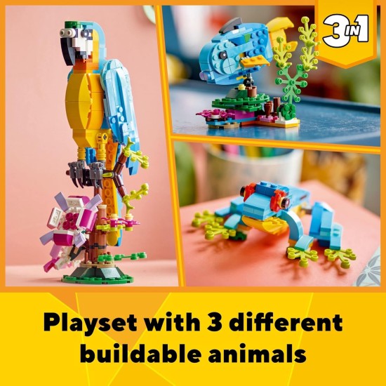 LEGO Creator 31136 Ensemble de jouets de construction 3 en 1 avec perroquet exotique, se transforme en 3 figurines d'animaux différentes – du perroquet coloré au poisson nageur en passant par la grenouille mignonne, jouets créatifs pour les enfants de 7 a LEGO Creator 31136 Ensemble de jouets de construction 3 en 1 avec perroquet exotique, se transforme en 3 figurines d'animaux différentes – du perroquet coloré au poisson nageur en passant par la grenouille mignonne, jouets créatifs pour les enfants de 7 a