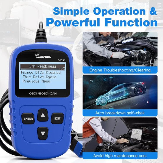 VDIAGTOOL VD10 Scanner de code OBD2 - Outil de diagnostic de voiture - Lecteur de code d'erreur moteur pour éteindre CEL avec arrêt sur image/préparation I/M pour toutes les voitures avec protocole OBDII - Outil de diagnostic OBD2