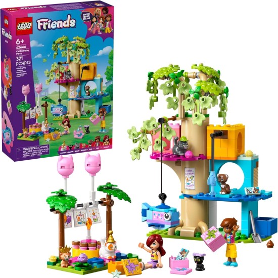 LEGO Friends - 42666 - Jouet de construction pour fête d'anniversaire et cabane dans les arbres - Blocs de construction avec jouets pour chat et 2 mini-poupées - Jouet créatif pour enfants pour filles et garçons, 9 ans et plus - Idée cadeau d'anniversaire
