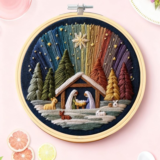 Ensemble de broderie de la Nativité DIY – Stitch The Holy Story, kit de broderie de Noël avec tissu, fils et aiguilles, kit de broderie chrétienne pour adultes débutants, décoration d'intérieur et cadeaux (1 pièce)