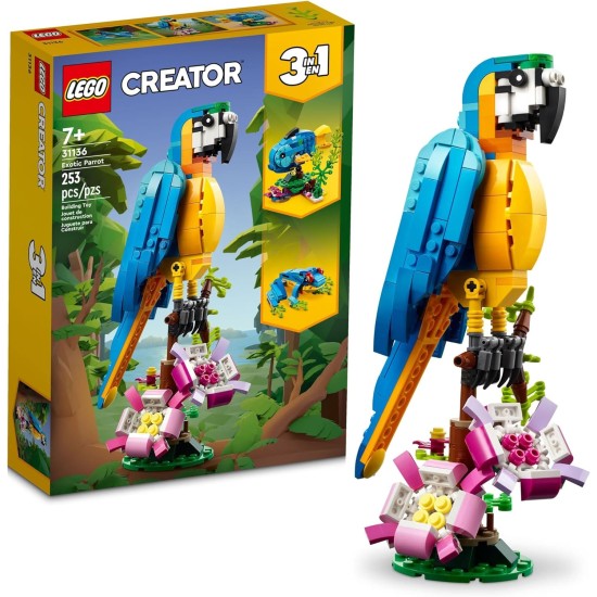 LEGO Creator 31136 Ensemble de jouets de construction 3 en 1 avec perroquet exotique, se transforme en 3 figurines d'animaux différentes – du perroquet coloré au poisson nageur en passant par la grenouille mignonne, jouets créatifs pour les enfants de 7 a LEGO Creator 31136 Ensemble de jouets de construction 3 en 1 avec perroquet exotique, se transforme en 3 figurines d'animaux différentes – du perroquet coloré au poisson nageur en passant par la grenouille mignonne, jouets créatifs pour les enfants de 7 a