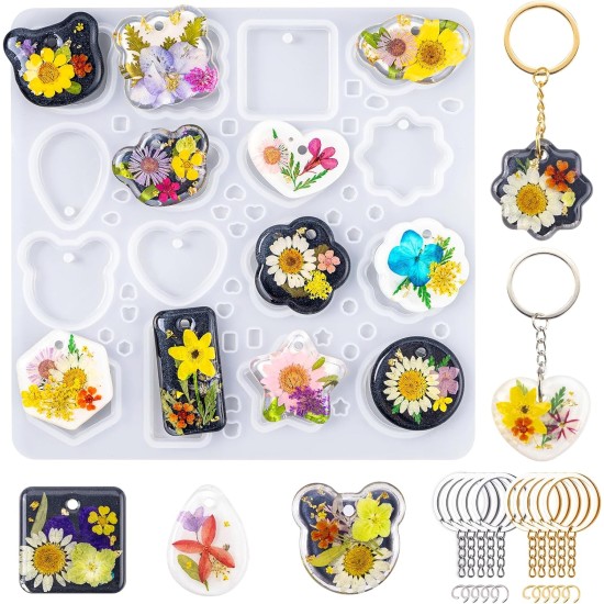 LET'S RESIN Moules en résine pour porte-clés en silicone avec trou, 16 cavités en résine UV pour pendentif de bijoux pour débutant, moules en résine époxy pour la fabrication de bijoux, porte-clés et pendentifs LET'S RESIN Moules en résine pour porte-clés en silicone avec trou, 16 cavités en résine UV pour pendentif de bijoux pour débutant, moules en résine époxy pour la fabrication de bijoux, porte-clés et pendentifs