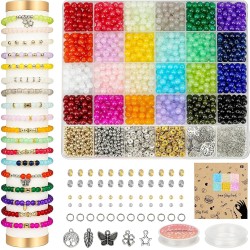 Kit de fabrication de bracelets de perles de verre de 6 mm, 1400 pièces, 24 couleurs de perles de cristal pour la fabrication de bijoux, perles rondes, loisirs créatifs avec perles d'espacement, accessoires de breloques