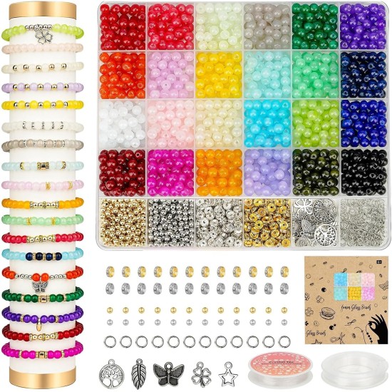 Kit de fabrication de bracelets de perles de verre de 6 mm, 1400 pièces, 24 couleurs de perles de cristal pour la fabrication de bijoux, perles rondes, loisirs créatifs avec perles d'espacement, accessoires de breloques Kit de fabrication de bracelets de perles de verre de 6 mm, 1400 pièces, 24 couleurs de perles de cristal pour la fabrication de bijoux, perles rondes, loisirs créatifs avec perles d'espacement, accessoires de breloques