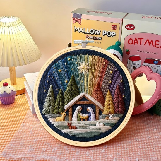 Ensemble de broderie de la Nativité DIY – Stitch The Holy Story, kit de broderie de Noël avec tissu, fils et aiguilles, kit de broderie chrétienne pour adultes débutants, décoration d'intérieur et cadeaux (1 pièce)