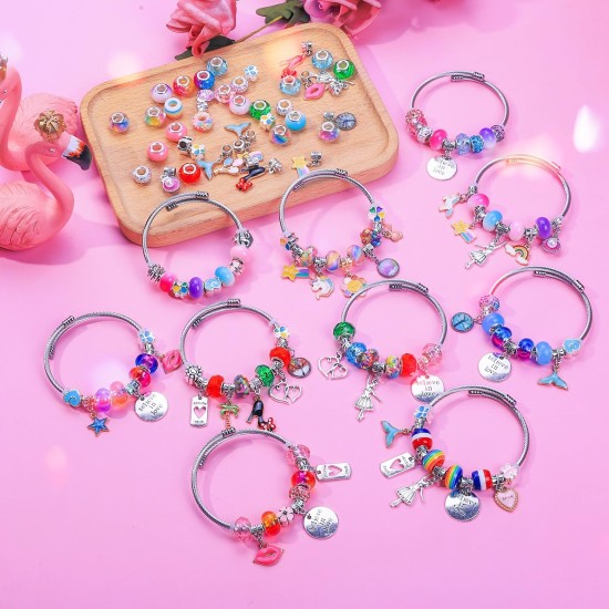 AIPRIDY Kit de fabrication de bracelets à breloques 208 pièces, ensemble de cadeaux artisanaux licorne et sirène qui peut inspirer l'imagination et la créativité, kit de fabrication de bijoux, cadeaux parfaits pour les filles de 5 à 12 ans (licorne rose +