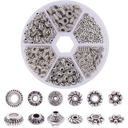 PH PandaHall 300 pièces 6 styles de perles d'espacement en argent antique, tubes d'espacement en alliage métallique tibétain, rondelles plates en forme de fleur, petites perles en vrac pour bracelets, colliers, boucles d'oreilles, fournitures de fabricati