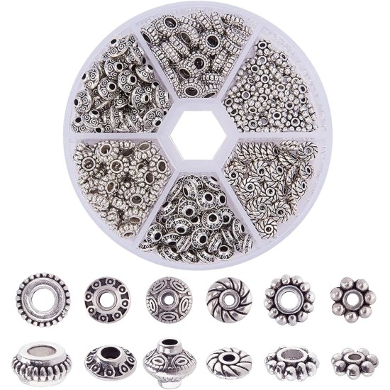 PH PandaHall 300 pièces 6 styles de perles d'espacement en argent antique, tubes d'espacement en alliage métallique tibétain, rondelles plates en forme de fleur, petites perles en vrac pour bracelets, colliers, boucles d'oreilles, fournitures de fabricati PH PandaHall 300 pièces 6 styles de perles d'espacement en argent antique, tubes d'espacement en alliage métallique tibétain, rondelles plates en forme de fleur, petites perles en vrac pour bracelets, colliers, boucles d'oreilles, fournitures de fabricati