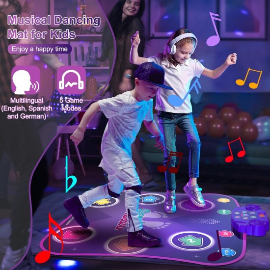 Flooyes Tapis de danse jouets pour enfants de 3 à 12 ans, tapis de danse électronique avec Bluetooth sans fil lumineux à 6 boutons, danse musicale avec 5 modes de jeu, jouets d'anniversaire cadeaux pour filles de 3 4 5 6 7 8 9 10 ans et plus