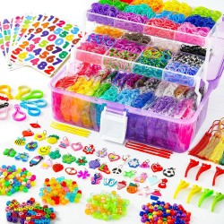 INSCRAFT Plus de 17 500 élastiques à tisser en caoutchouc avec récipient à 3 couches, 28 couleurs, 600 clips en S, 352 perles, 40 pendentifs de dessin animé, kit de recharge pour la fabrication de bracelets pour enfants
