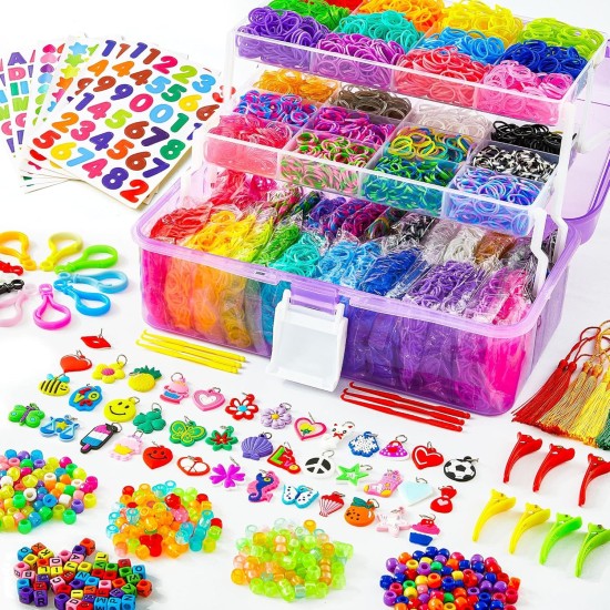 INSCRAFT Plus de 17 500 élastiques à tisser en caoutchouc avec récipient à 3 couches, 28 couleurs, 600 clips en S, 352 perles, 40 pendentifs de dessin animé, kit de recharge pour la fabrication de bracelets pour enfants INSCRAFT Plus de 17 500 élastiques à tisser en caoutchouc avec récipient à 3 couches, 28 couleurs, 600 clips en S, 352 perles, 40 pendentifs de dessin animé, kit de recharge pour la fabrication de bracelets pour enfants