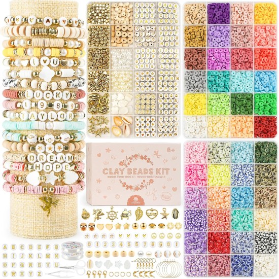 Dowsabel Kit de 3 boîtes de perles en argile pour fabrication de bracelets, 10 800 perles pour la fabrication de bijoux, perles de lettres pour bracelets d'amitié, cadeaux d'art et d'artisanat pour filles et adultes