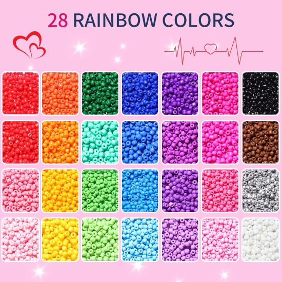28 couleurs de perles de rocaille de 3 mm, kit de 7 200 perles de rocaille en verre pour la fabrication de bijoux, l'artisanat et la fabrication de bracelets.