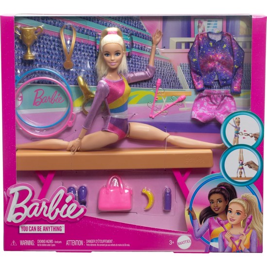 Poupée Barbie de gymnastique et accessoires, coffret de jeu avec poupée mannequin blonde, clip en C pour action de retournement, poutre d'équilibre, combinaison d'échauffement et plus encore Poupée Barbie de gymnastique et accessoires, coffret de jeu avec poupée mannequin blonde, clip en C pour action de retournement, poutre d'équilibre, combinaison d'échauffement et plus encore